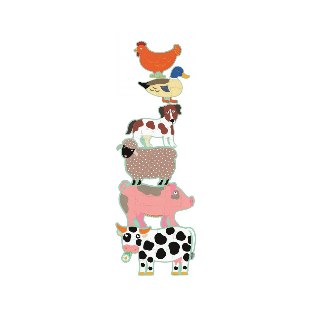 Vista completa do Djeco Puzzle Gigante evolutivo Animais montado, mostrando os seis animais empilhados: galinha, pato, cão, ovelha, porco e vaca.
