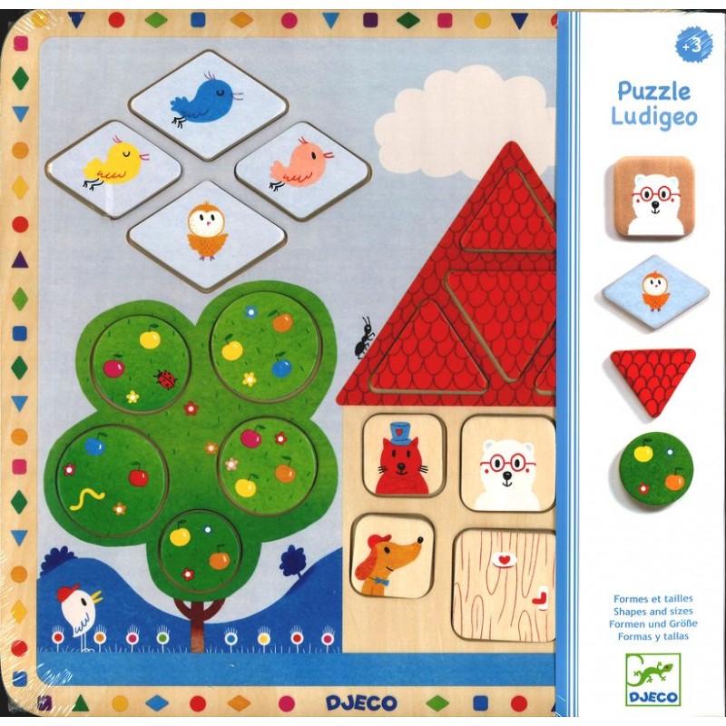 Embalagem do puzzle Djeco Ludigeo, mostrando o design e as formas geométricas incluídas no brinquedo educativo.