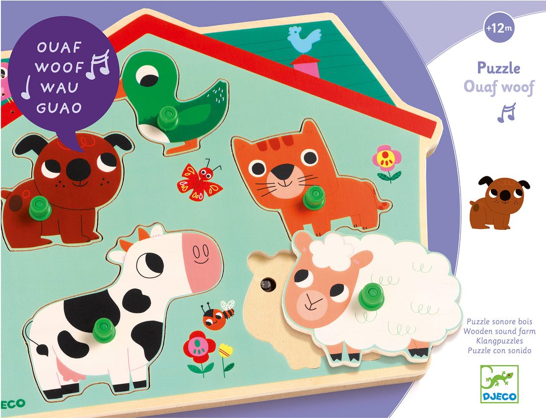 Puzzle musical Djeco Animais da Quinta com vaca, ovelha, cão, gato e pato, cada um emitindo o seu som característico ao ser encaixado.