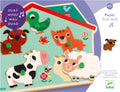 Puzzle musical Djeco Animais da Quinta com vaca, ovelha, cão, gato e pato, cada um emitindo o seu som característico ao ser encaixado.