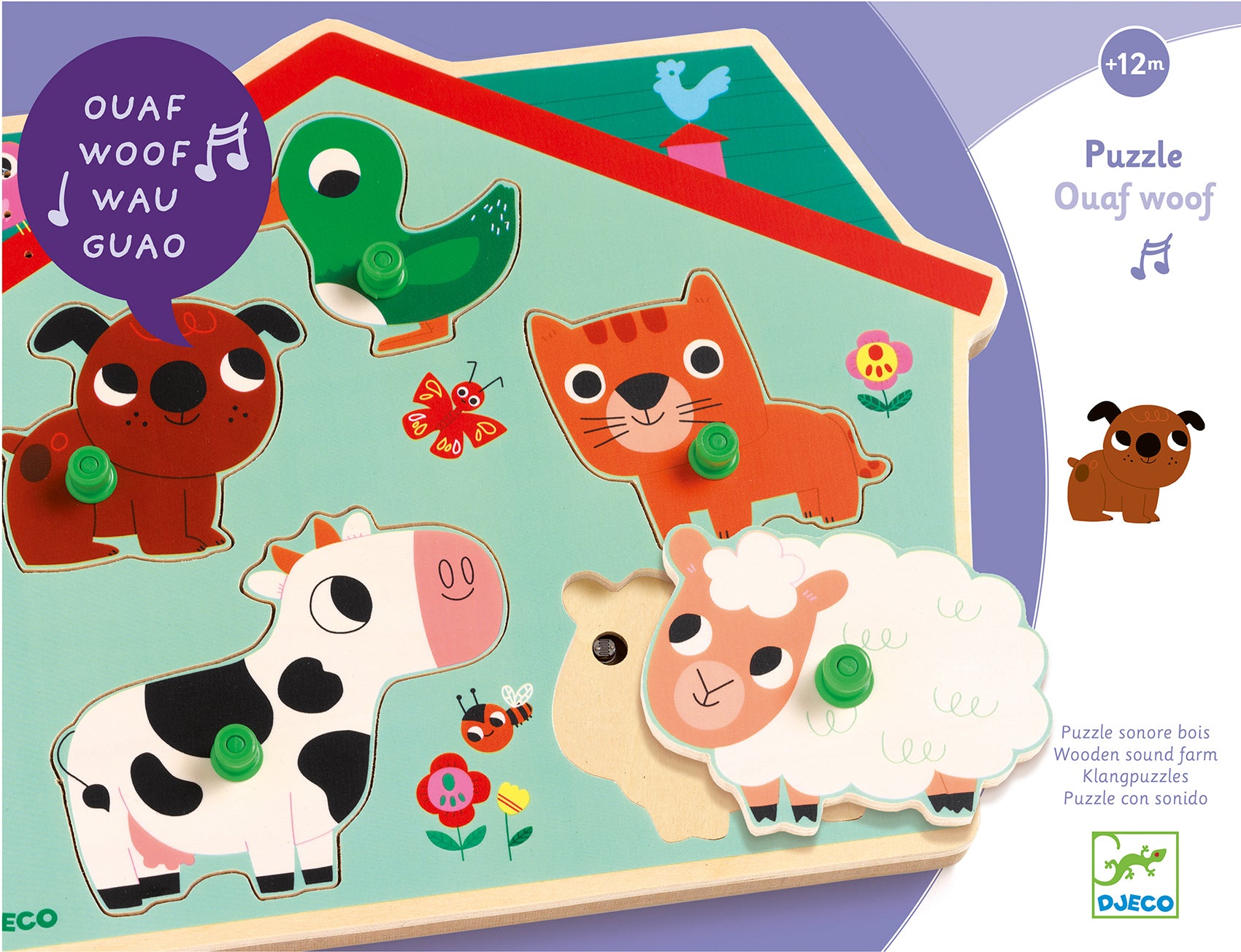 Puzzle musical Djeco Animais da Quinta com vaca, ovelha, cão, gato e pato, cada um emitindo o seu som característico ao ser encaixado.