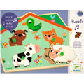 Embalagem do puzzle musical Djeco Animais da Quinta, indicando a faixa etária recomendada (+12 meses) e o nome do puzzle.