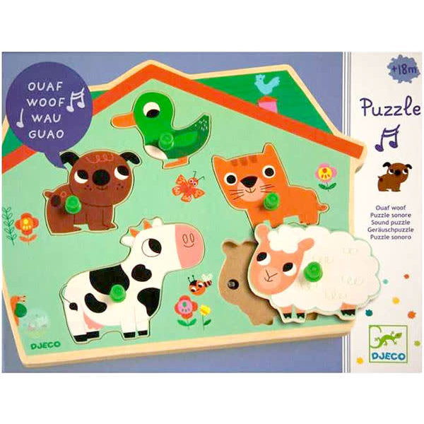 Embalagem do puzzle musical Djeco Animais da Quinta, indicando a faixa etária recomendada (+12 meses) e o nome do puzzle.