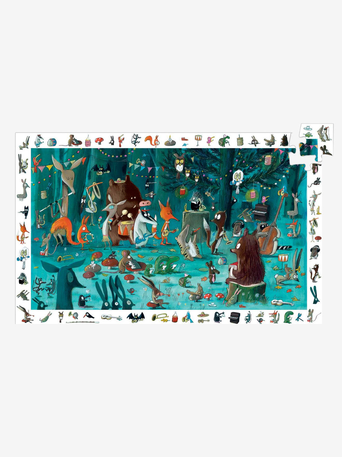 Visão detalhada do puzzle Djeco A Orquestra, mostrando os animais músicos e a barra de observação com elementos a encontrar.