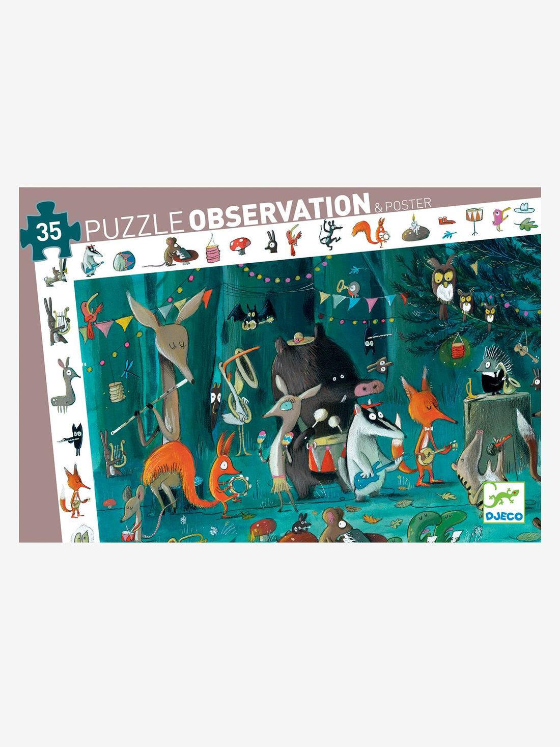 Visão detalhada do puzzle Djeco A Orquestra, mostrando os animais músicos e a barra de observação com elementos a encontrar.