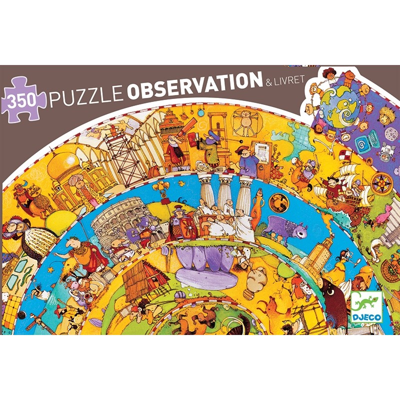 Caixa do puzzle Djeco Observação História 350 peças com livro, mostrando parte da ilustração em espiral.
