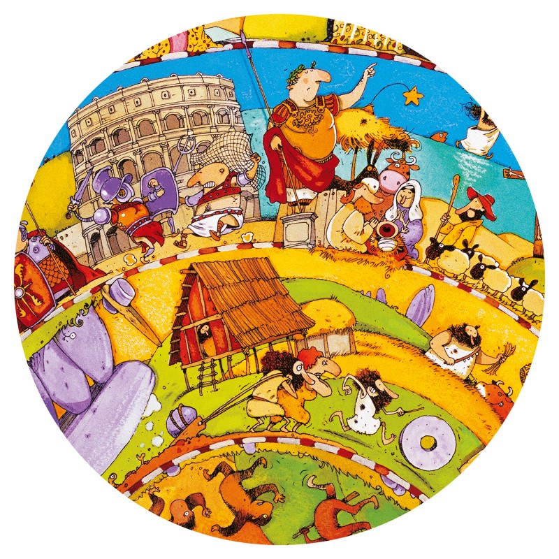 Detalhe ampliado de uma secção do puzzle Djeco Observação História, mostrando ilustrações da antiguidade romana.