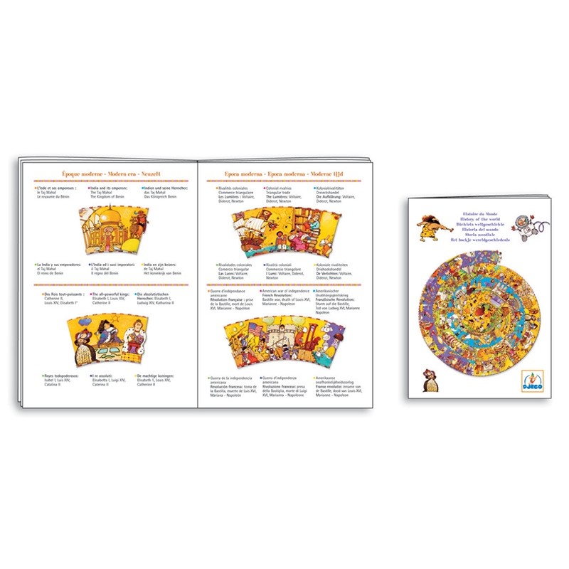 O livreto incluído no puzzle Djeco Observação História 350 peças, mostrando exemplos de conteúdos explicativos em várias línguas.