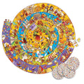 Vista completa do puzzle Djeco Observação História 350 peças montado em formato espiral, com o livreto e discos de observação.