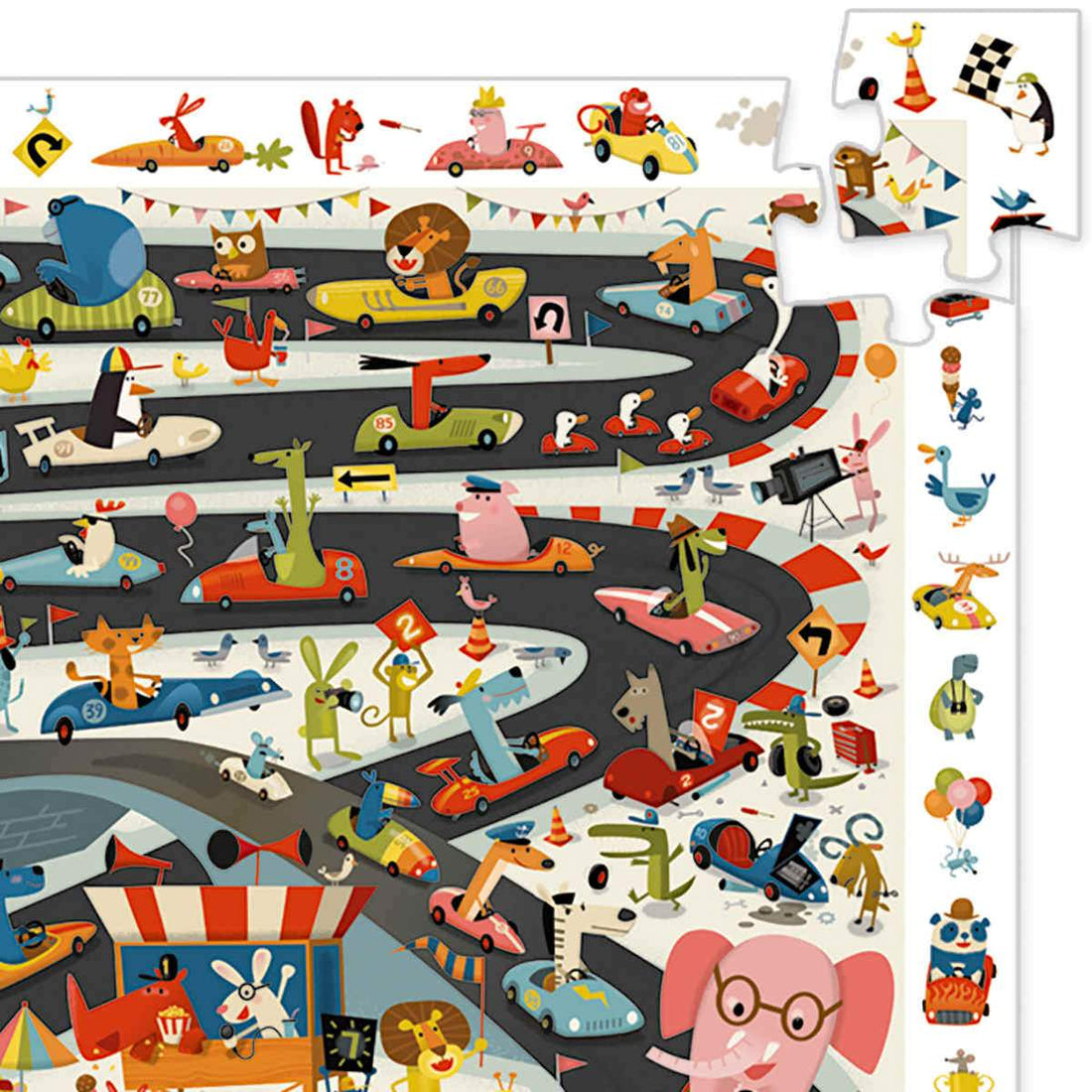 Caixa do Djeco puzzle observação Rally de carros 54 peças, mostrando a ilustração vibrante de animais a correr de carro.