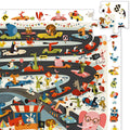 Detalhe da ilustração do puzzle Djeco Rally de carros, focando em diversos animais divertidos em carros de corrida.