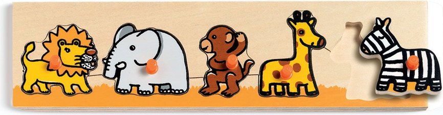Puzzle de madeira Djeco com animais da savana e pegas ergonómicas para bebés.