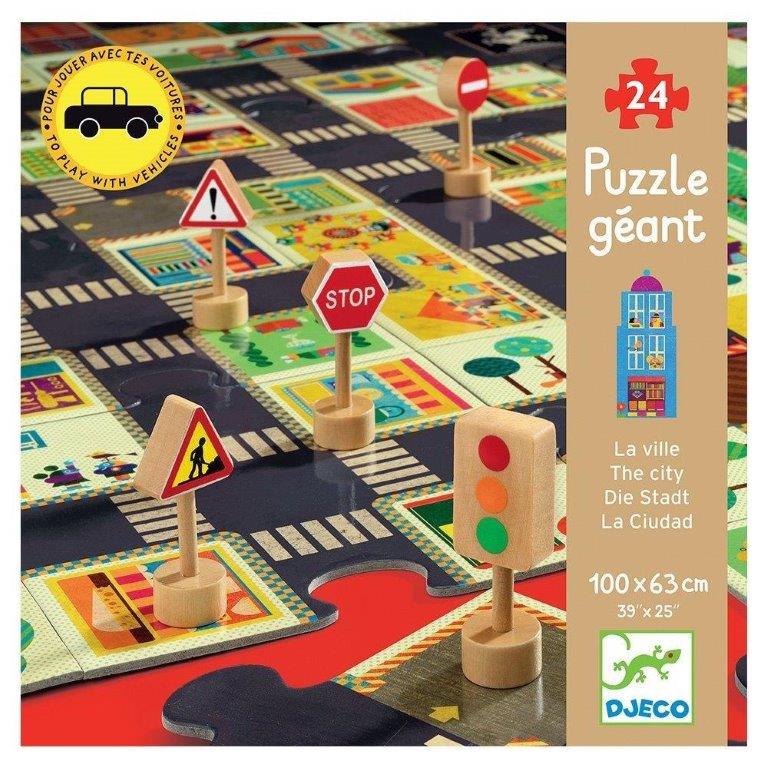 Caixa do Djeco puzzle pistas da Cidade 24 peças, mostrando peças e sinais de trânsito.