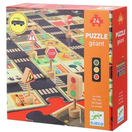 Caixa do Djeco puzzle pistas da Cidade 24 peças, mostrando peças e sinais de trânsito.
