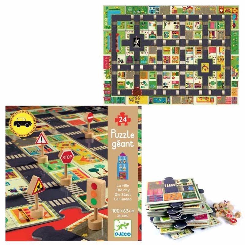 Conjunto de imagens do Djeco puzzle pistas da Cidade: caixa, puzzle montado e peças.