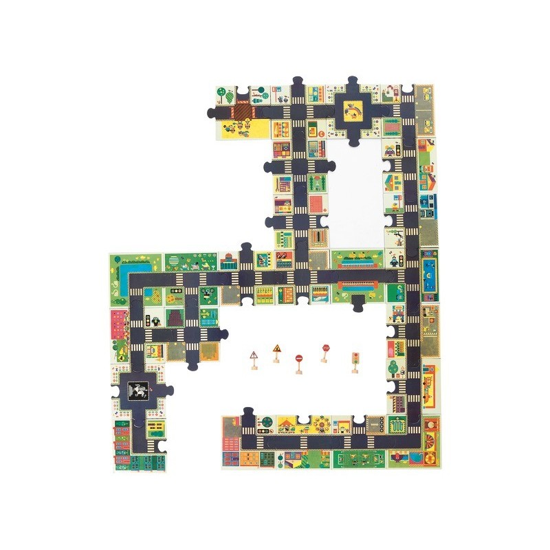 Puzzle Djeco pistas da Cidade 24 peças em layout parcial com sinais de trânsito.