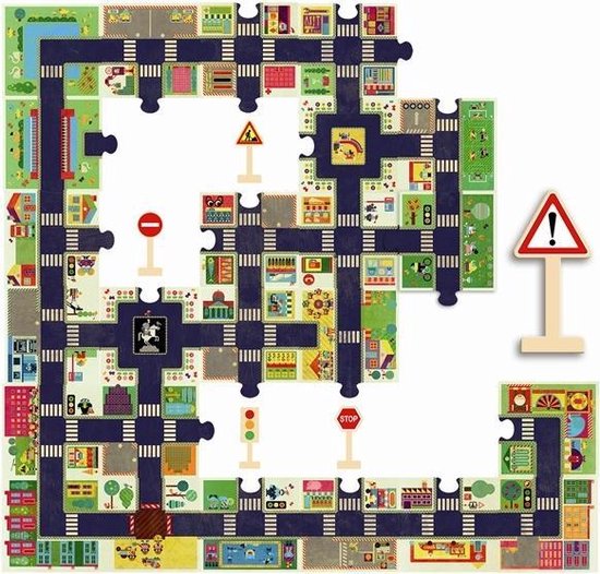 Djeco puzzle pistas da Cidade 24 peças parcialmente montado com sinais de trânsito em madeira.
