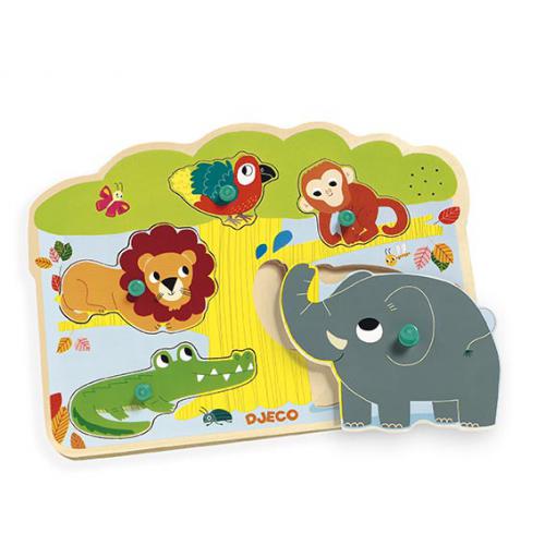 Djeco puzzle sonoro de madeira Animais da Selva com macaco, papagaio, leão, crocodilo e elefante.