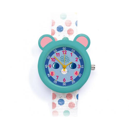 Caixa de cartão original do relógio Djeco, com design ilustrado, ideal para presente.