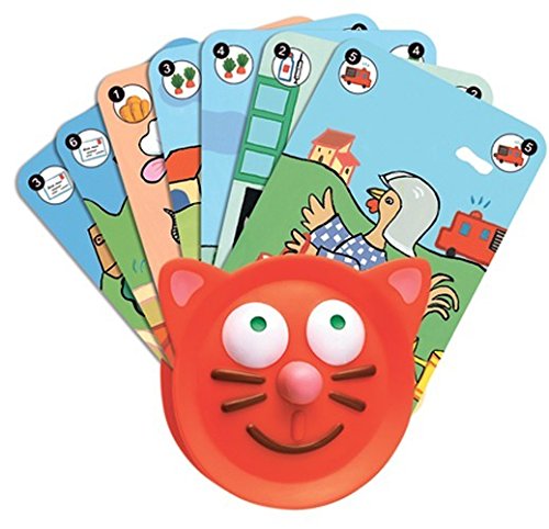 Detalhe do suporte de cartas Djeco, mostrando o design de gato com orelhas e a base estável para segurar os cartões.