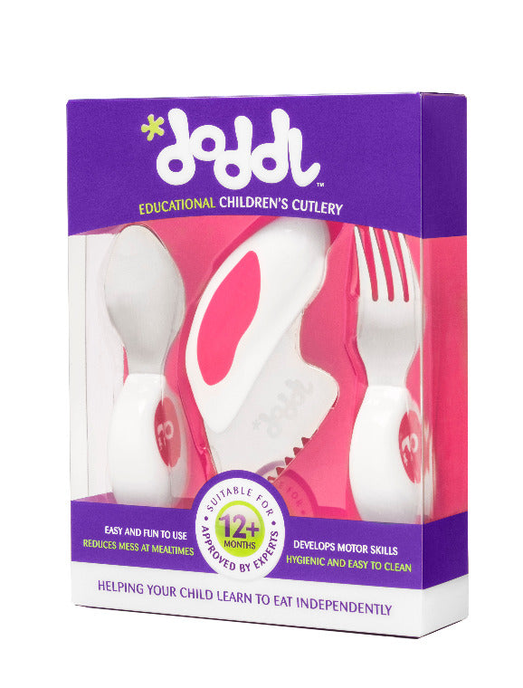 Conjunto de 3 talheres infantis Doddl em rosa com garfo, faca e colher ergonómicos em aço inoxidável.