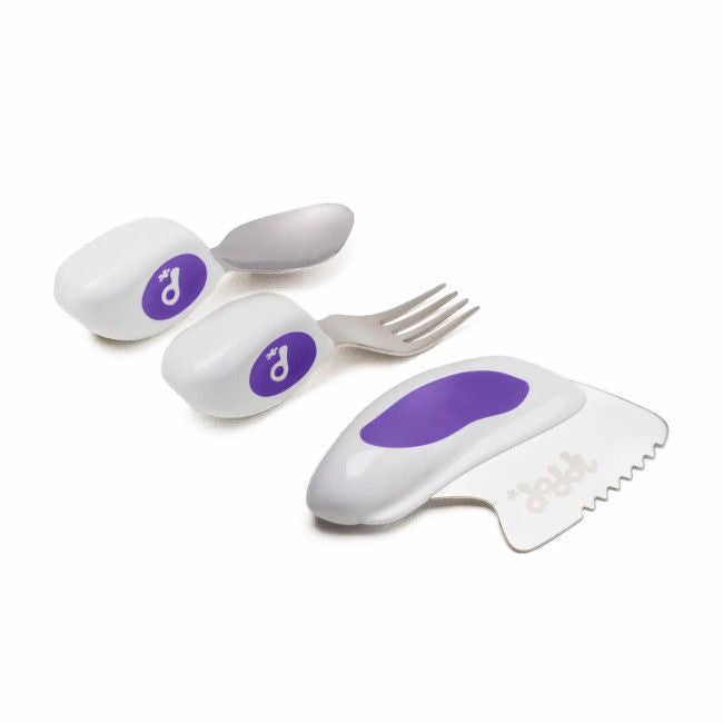 Conjunto completo dos 3 talheres Doddl (colher, garfo e faca) em roxo, destacando o design ergonómico para bebés.