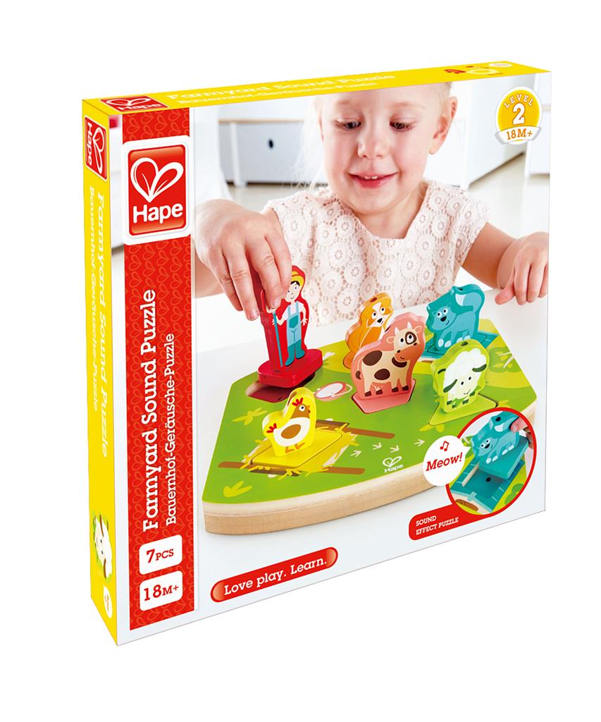 Embalagem do Hape Puzzle encaixável e sonoro A Quinta, mostrando a caixa e uma criança a brincar com o puzzle.