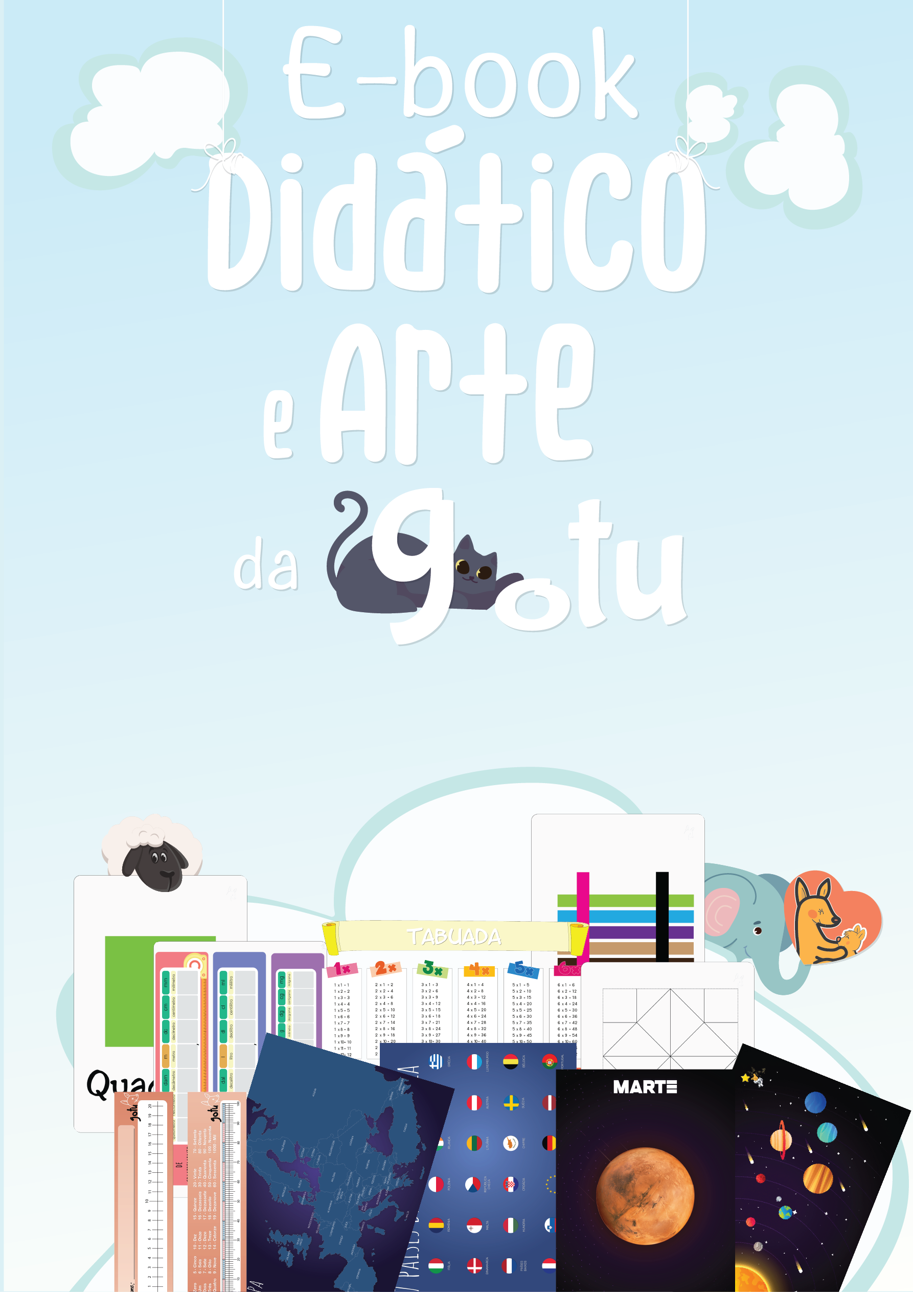 Capa do Ebook "Atividades Didático e Arte" da Gotu, com ilustrações coloridas de formas geométricas e elementos de aprendizagem para crianças dos 2 aos 7 anos.