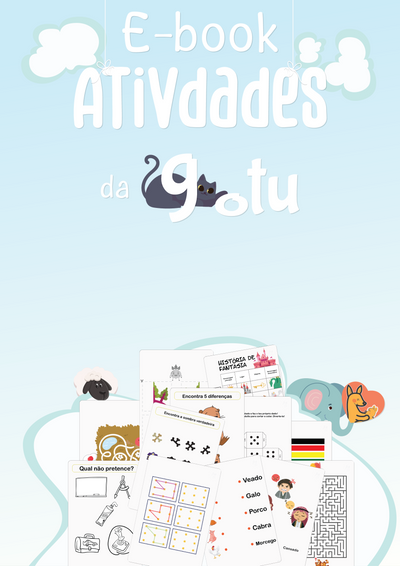 Capa do Ebook "Atividades" da Gotu, com ilustrações coloridas de elementos educativos e lúdicos, focado em crianças dos 4 aos 8 anos.