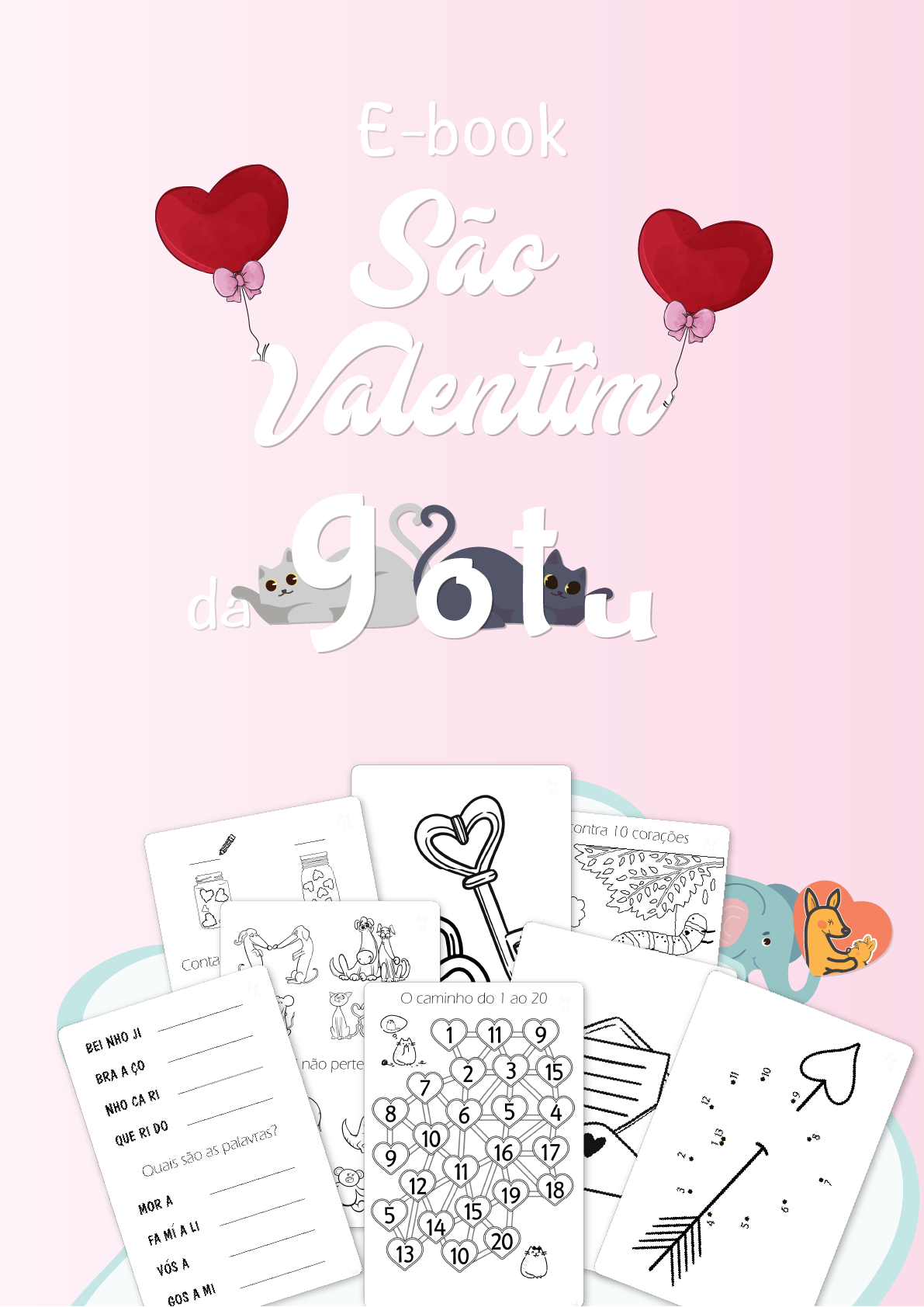 Capa do Ebook "Atividades São Valentim" da Gotu, com ilustrações temáticas de coração e elementos românticos, destinado a atividades imprimíveis para crianças.