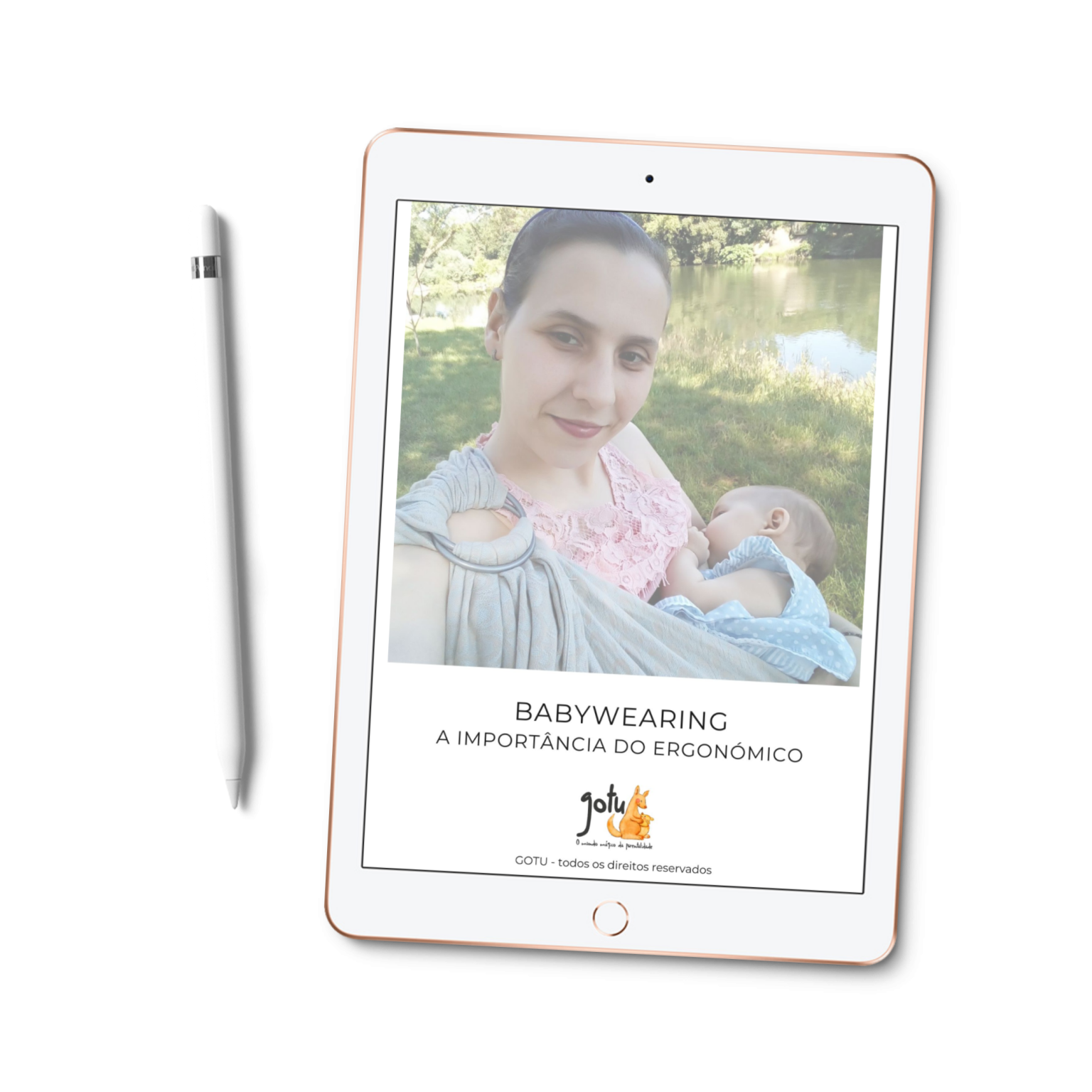 Capa do Ebook "Babywearing - a importância do ergonómico!" da Gotu, com ilustração de um bebé seguro num porta-bebés ergonómico.