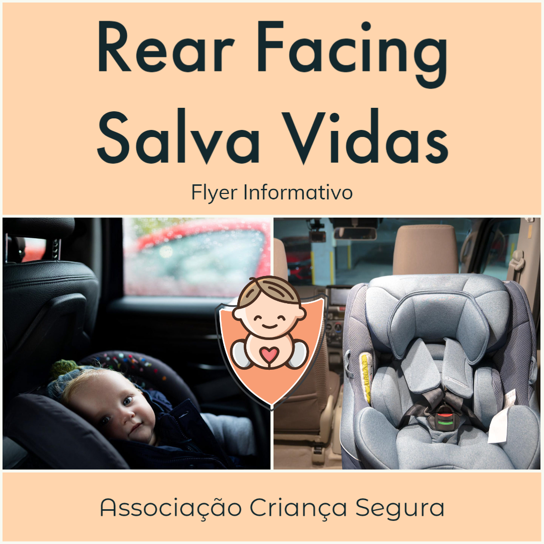 Capa do flyer informativo "Rear Facing Salva Vidas" da Associação Criança Segura, mostrando um bebé seguro numa cadeira auto e um exemplo de cadeira instalada.