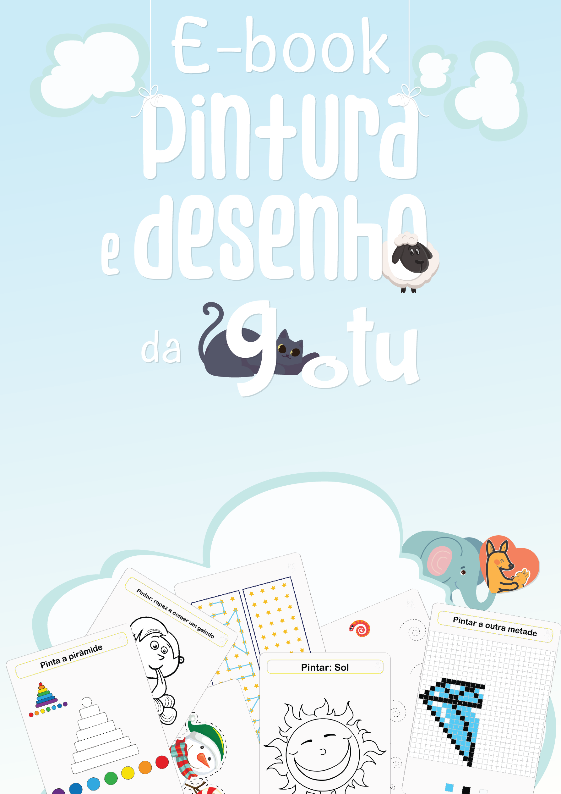 Capa do Ebook "Pintura e Desenho da Gotu", mostrando ilustrações coloridas de animais e formas para colorir, ideal para crianças.
