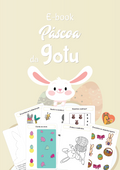 Ilustração colorida do ebook "Páscoa da Gotu", mostrando várias atividades divertidas como pintar, encontrar diferenças e contar objetos.