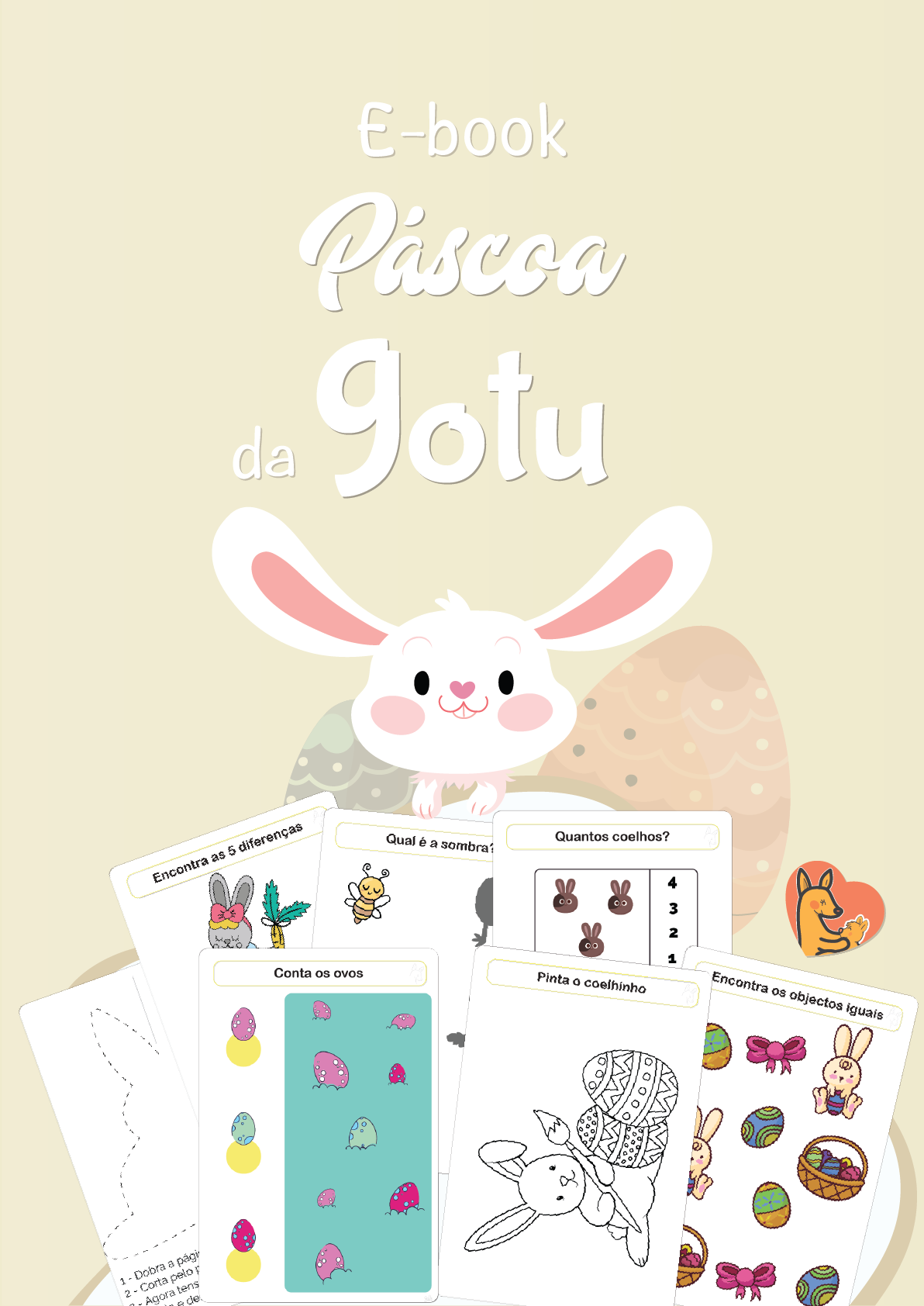 Ilustração colorida do ebook "Páscoa da Gotu", mostrando várias atividades divertidas como pintar, encontrar diferenças e contar objetos.