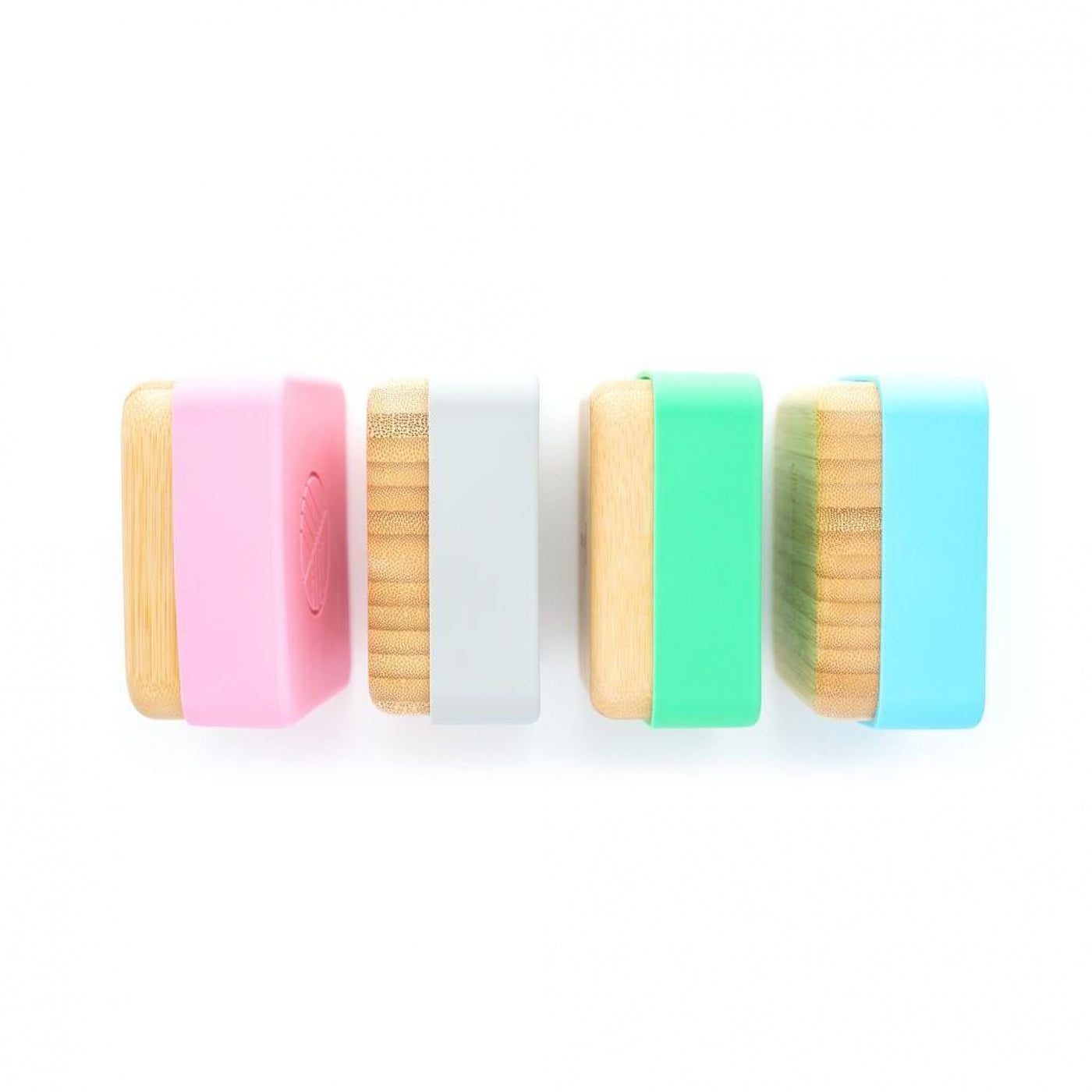 Pack de 2 recipientes Eco Rascals em bambu: um rosa claro e um cinza, com tampas de silicone, ideais para snacks infantis.