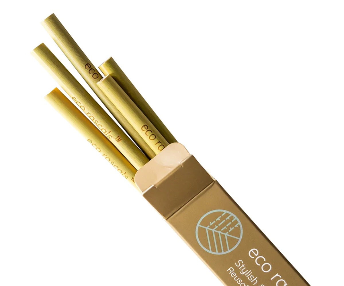 Palhinhas de bambu reutilizáveis Eco Rascals com logótipo gravado em embalagem de cartão sustentável.