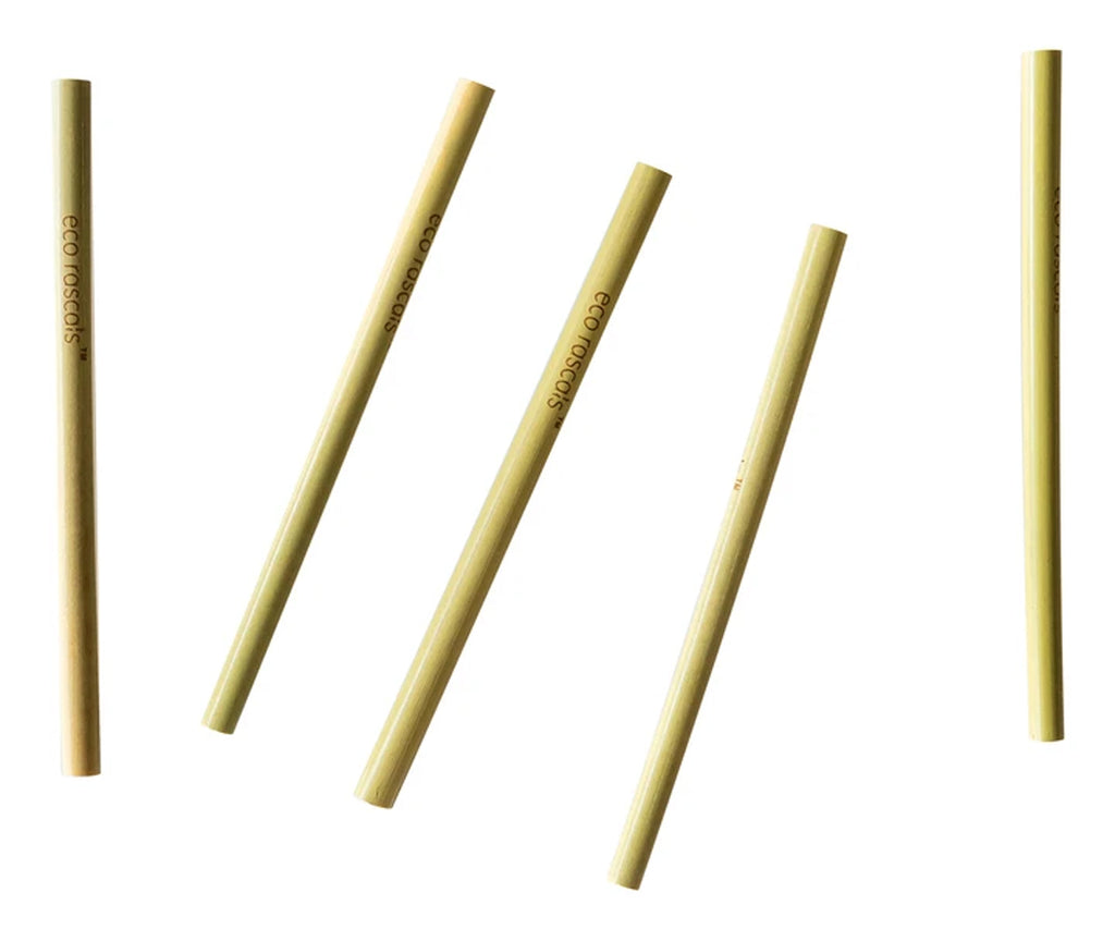 Cinco palhinhas de bambu orgânico dispostas individualmente para visualização da textura natural.
