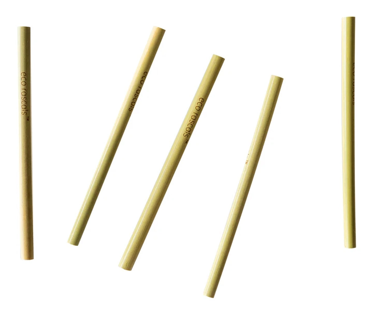 Cinco palhinhas de bambu orgânico dispostas individualmente para visualização da textura natural.