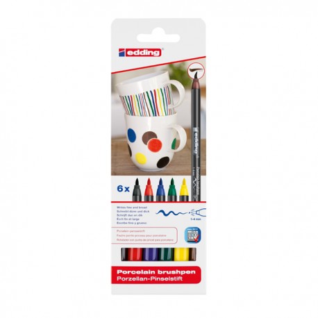 Conjunto de 6 marcadores Edding 4200 para porcelana nas cores básicas (preto, azul, castanho, verde, vermelho, amarelo) em embalagem.