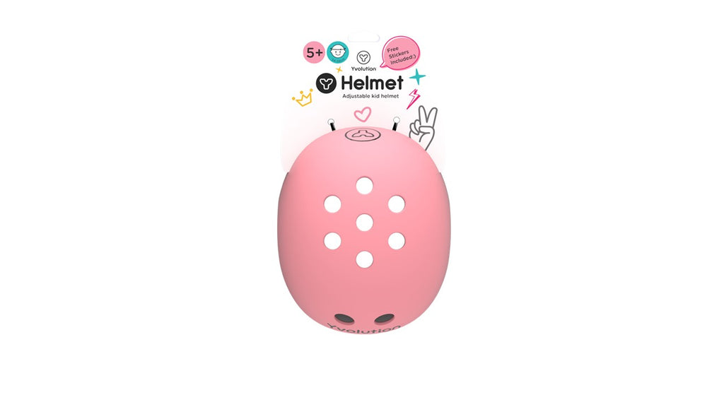 Embalagem do capacete Yvolution rosa com indicação de ajuste e design ventilado.