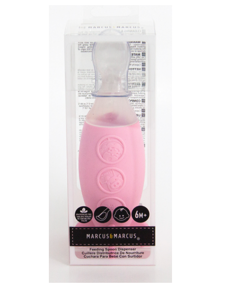 Embalagem da colher dispensadora Marcus & Marcus na cor rosa.