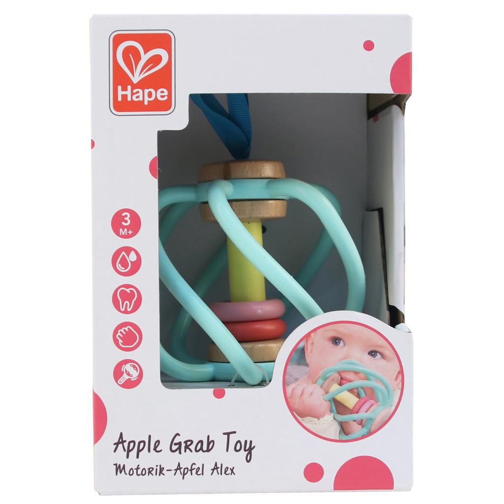 Embalagem do brinquedo Hape Maça espiral com indicação de idade 3 meses