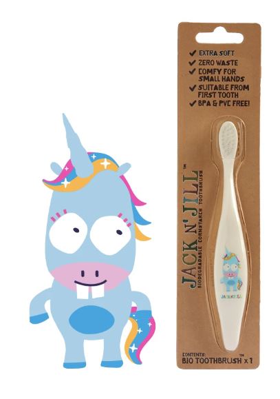 Escova de dentes ecológica Jack n Jill com design de unicórnio e embalagem biodegradável