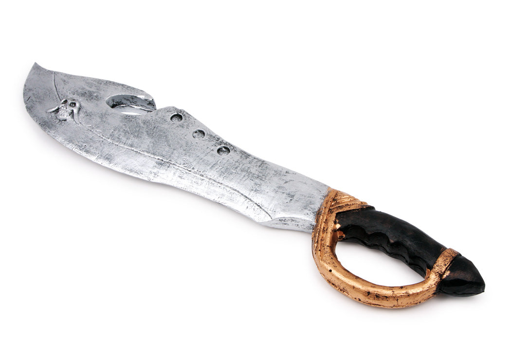 Espada de madeira Dagonet da small foot, com lâmina cinzenta-aço e detalhes de caveira, pega em ouro negro. Brinquedo para crianças a partir dos 3 anos, ideal para jogos de faz-de-conta e fantasias.