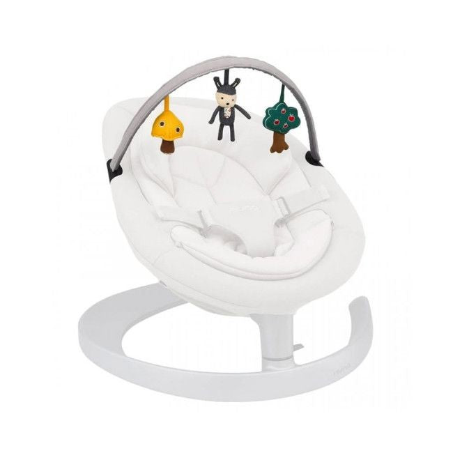 O arco de jogos Nuna, mostrando a sua reversibilidade com o lado dos brinquedos virado para o bebé.