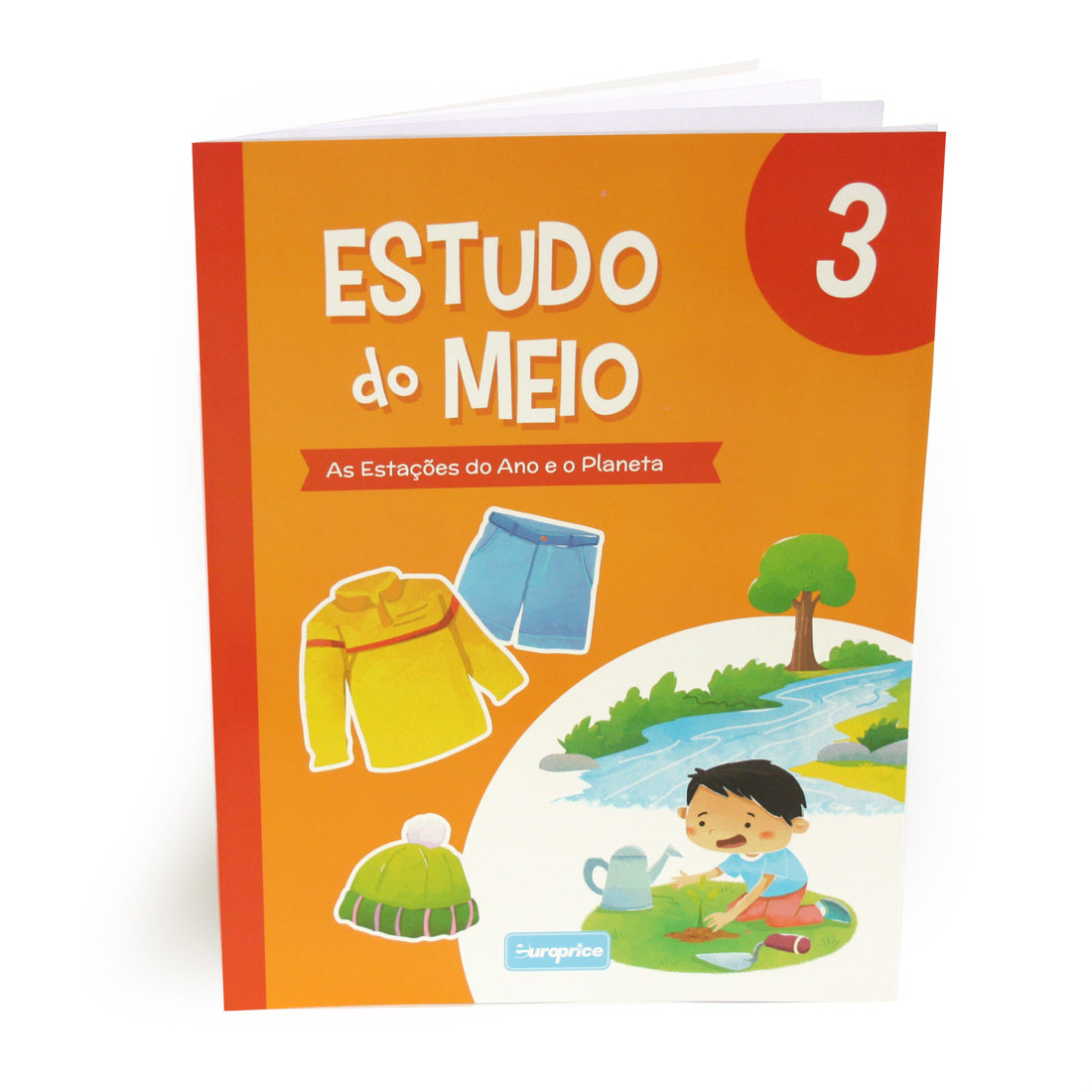Capa do livro "Estudo do Meio 3" da Europrice, mostrando ilustrações coloridas das estações do ano e atividades para crianças de 4 a 6 anos.