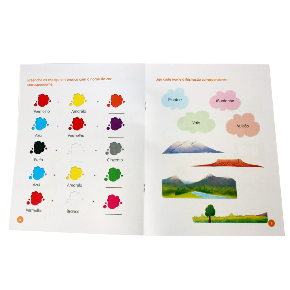 Páginas internas do livro "Estudo do Meio 3", com exercícios de cores e identificação de paisagens, como montanhas, planícies e vulcões.