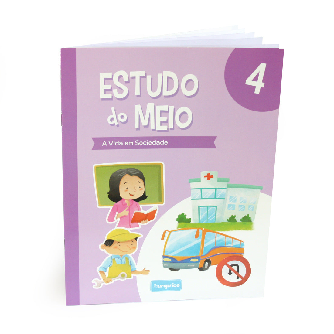 Capa do livro "Estudo do Meio 4" da Europrice, mostrando ilustrações coloridas de crianças, um hospital e um autocarro.