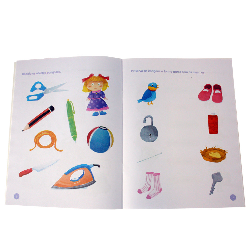 Página interna do livro "Estudo do Meio 4", com imagens coloridas e atividades para crianças, como identificar objetos perigosos e formar pares.